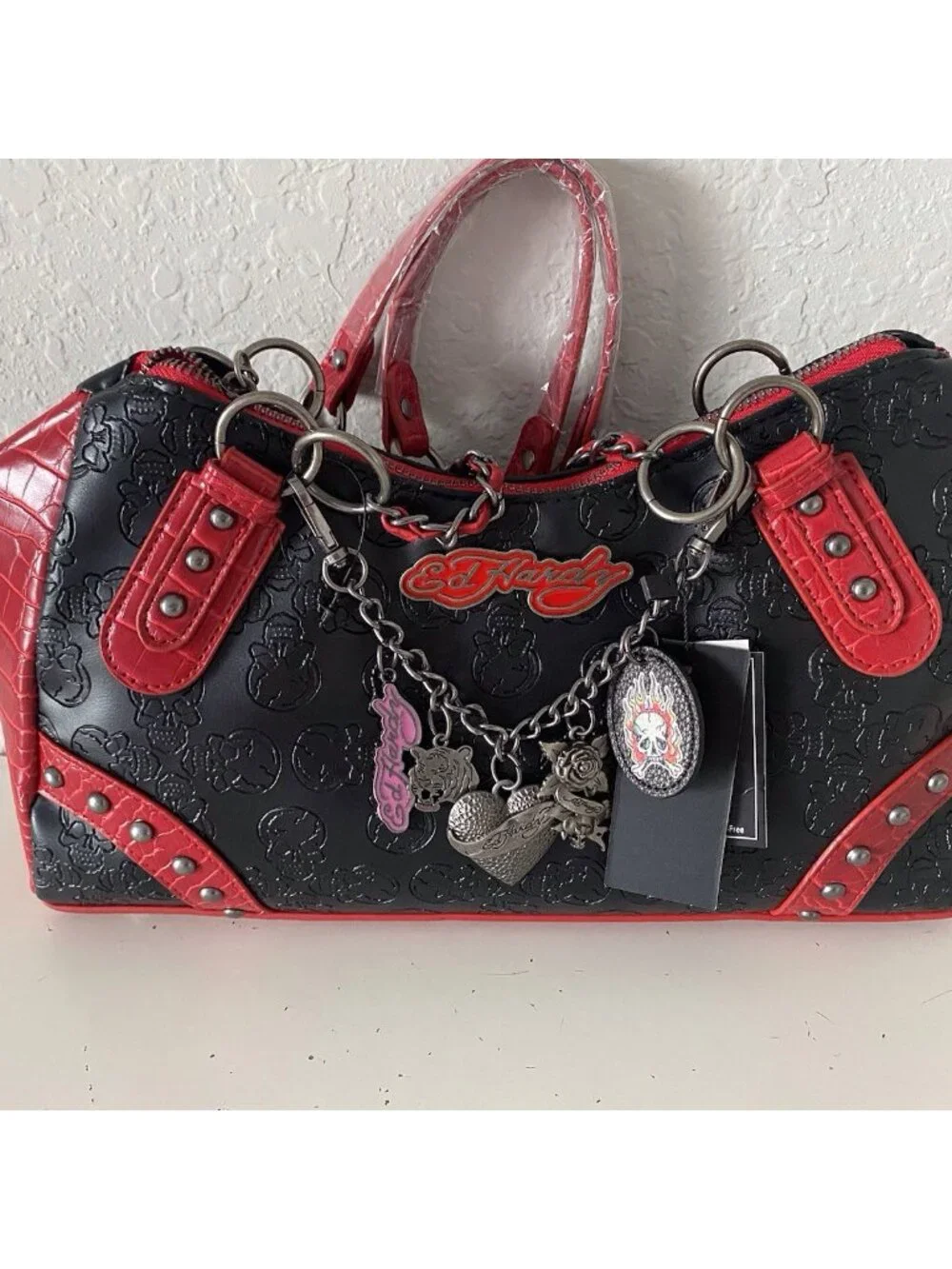 Ed Hardy Black Red Tote Satchel Chain Charm Studded Croc Embossed‎ Skulls NEW